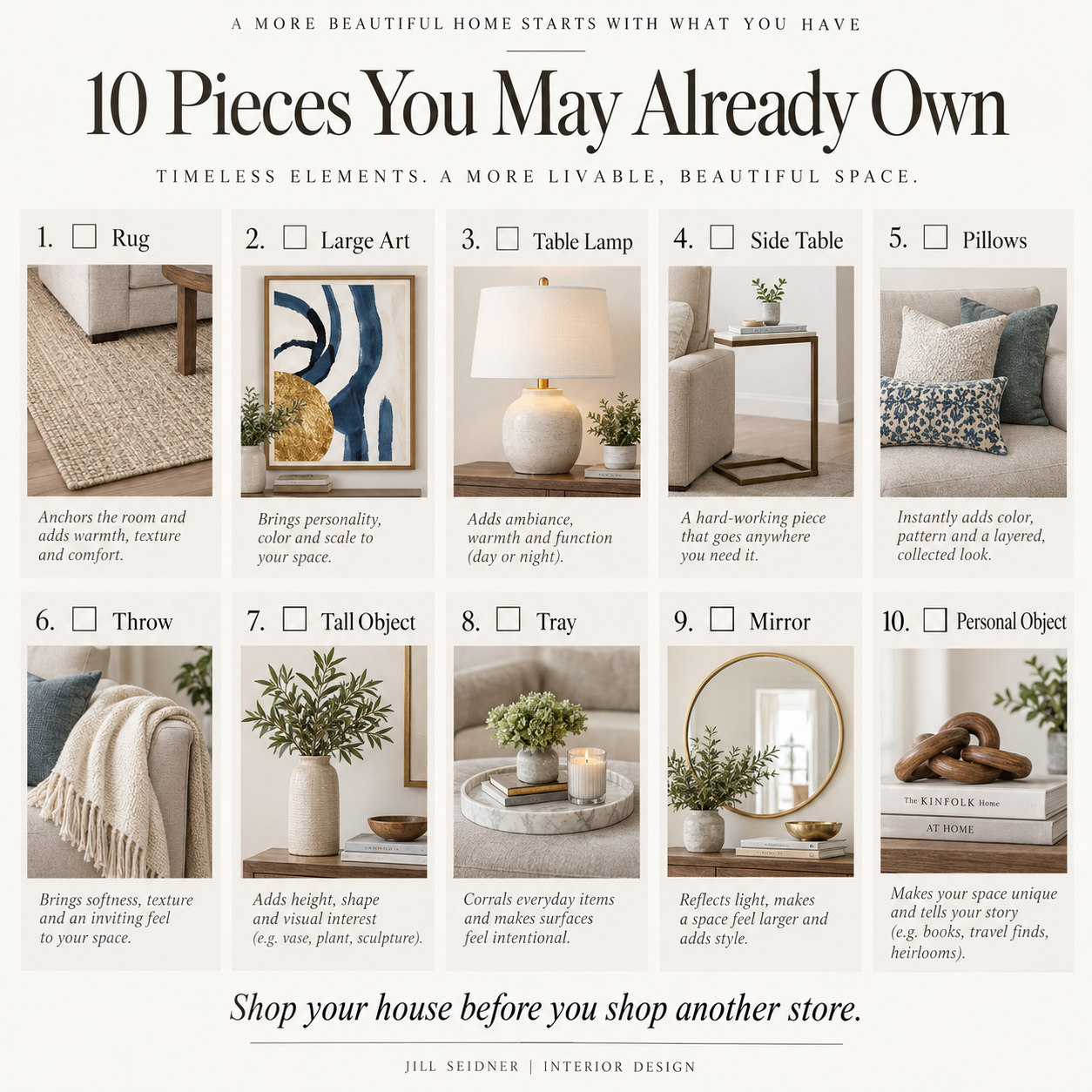Your Design Guide board of ten small living room pieces you may already own, arranged into a plan