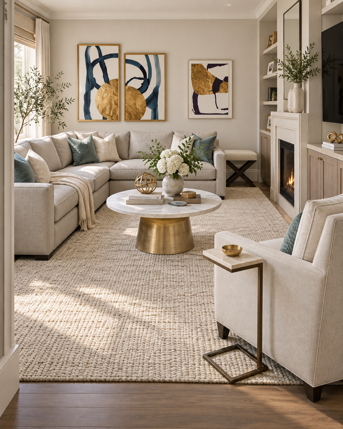 Light neutral living room with cream sectional, gold round coffee table, jute rug and gold abstract art above the fireplace