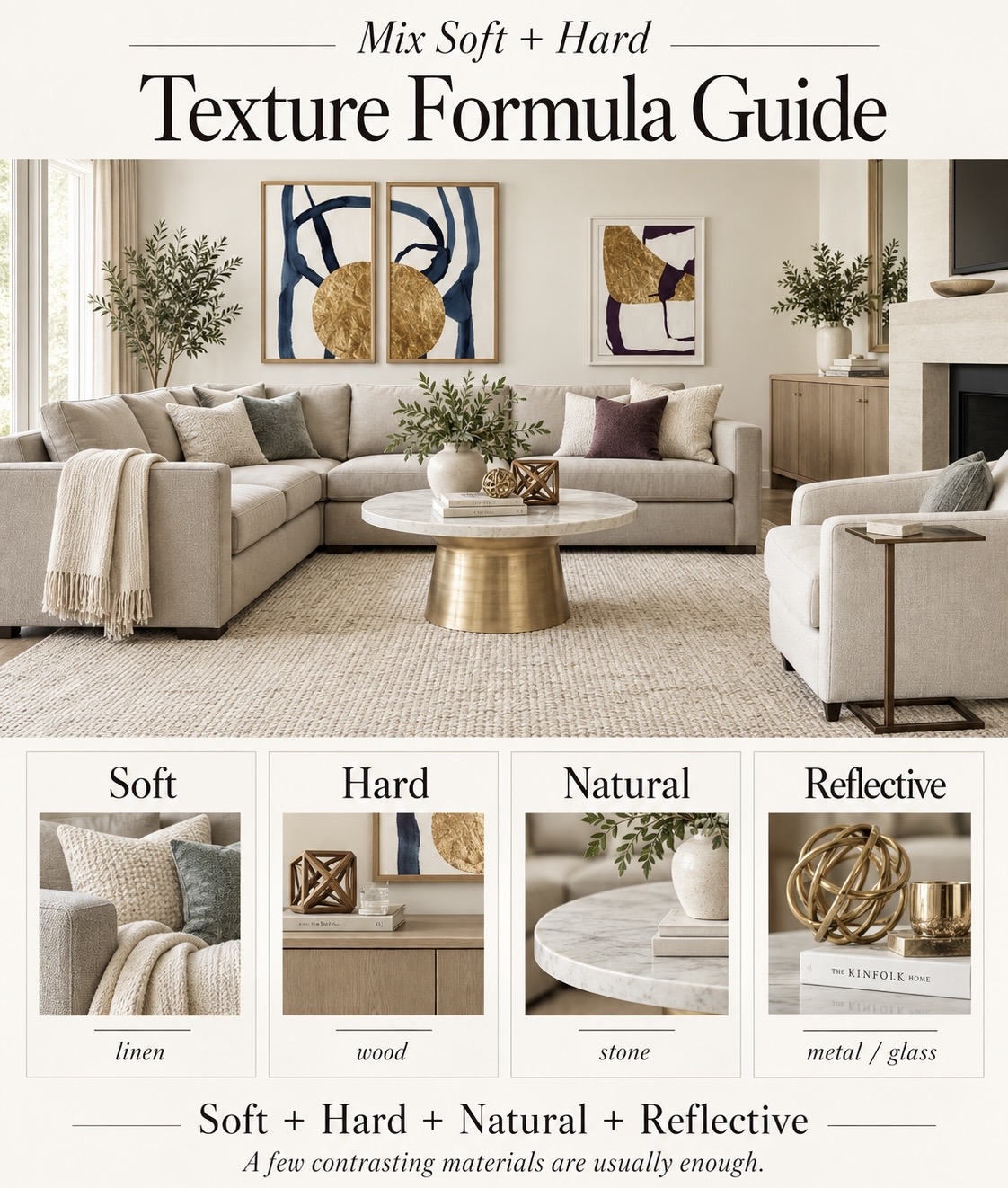 Texture formula guide showing a neutral living room with soft linen, hard wood, natural stone and reflective metal samples