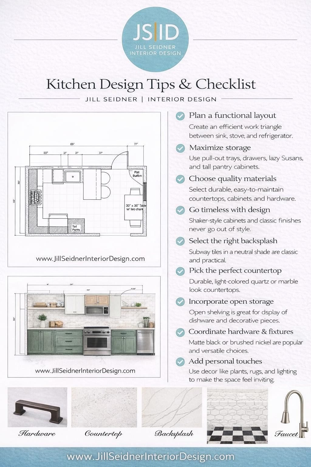 Kitchen refresh without a remodel: Jill Seidner's kitchen design tips and checklist with a kitchen floor plan, a green and white kitchen elevation and samples of hardware, countertop, backsplash, flooring and faucet